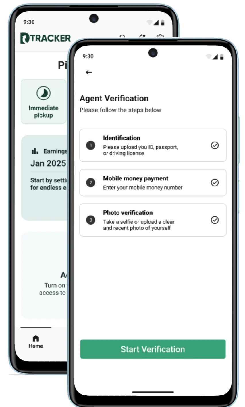 Two phones running DTRACKER, showing a collector's pickups and earnings
